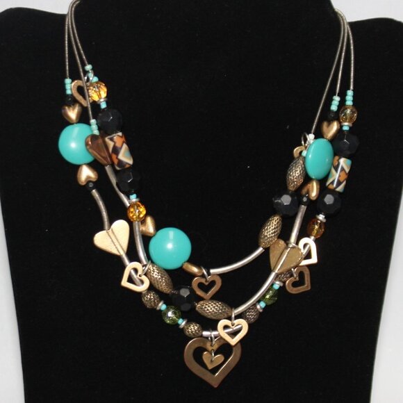Unknown Jewelry - Three Strand Brass Heart w/Turquoise Beaded Necklace